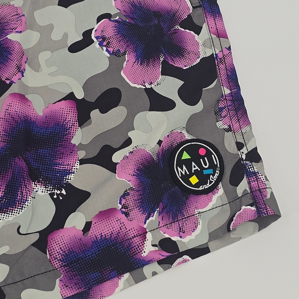 Maui and Sons Mens 34 Board Shorts Grey Camo Purple Floral Ripstop Swim Trunks - Picture 3 of 7